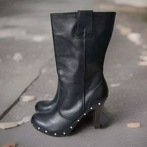 Michael Kors Mid Calf Black Leather Boots Pull On Studs Wooden Heel Size 7M